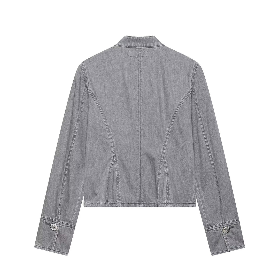 Damen Cropped Jeansjacke mit Mandarin‑Kragen und dekorativen Zierknoten Drune