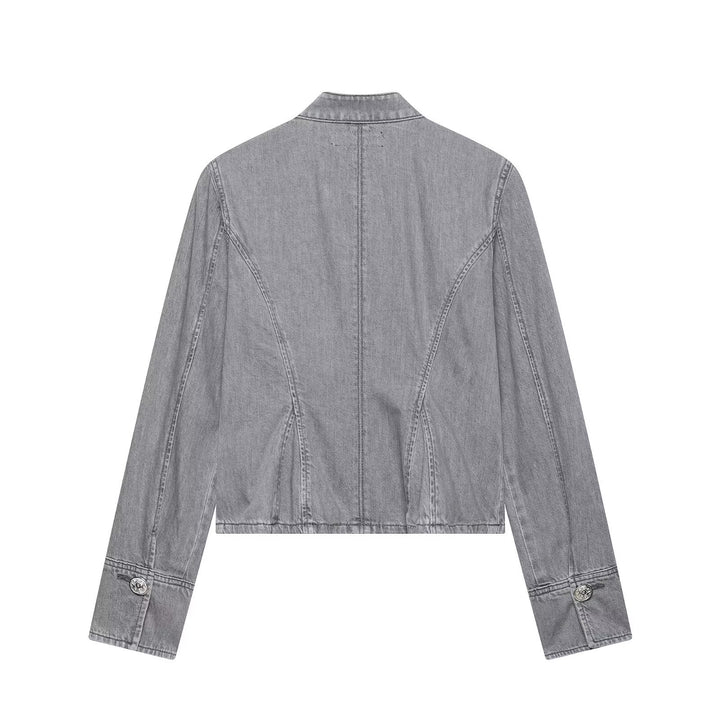 Damen Cropped Jeansjacke mit Mandarin‑Kragen und dekorativen Zierknoten Drune
