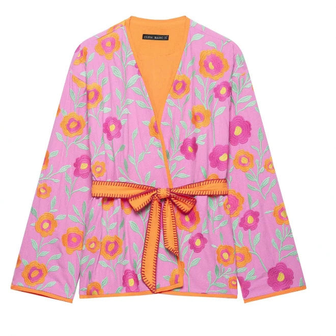 Damen Bestickte Kimonojacke mit Blumenstickerei, Bindegürtel und kontrastierendem Besatz Drune