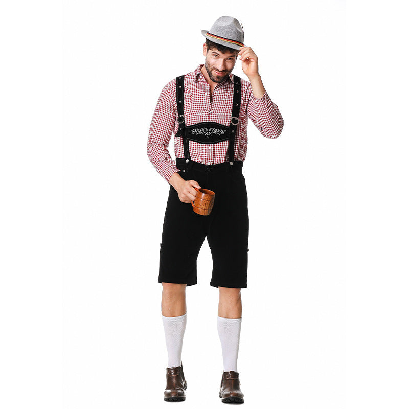 Herren nan authentische Trachten-Kniebundhose aus wildlederähnlichem Material mit verstellbaren Trägern und besticktem Brustlatz Drune