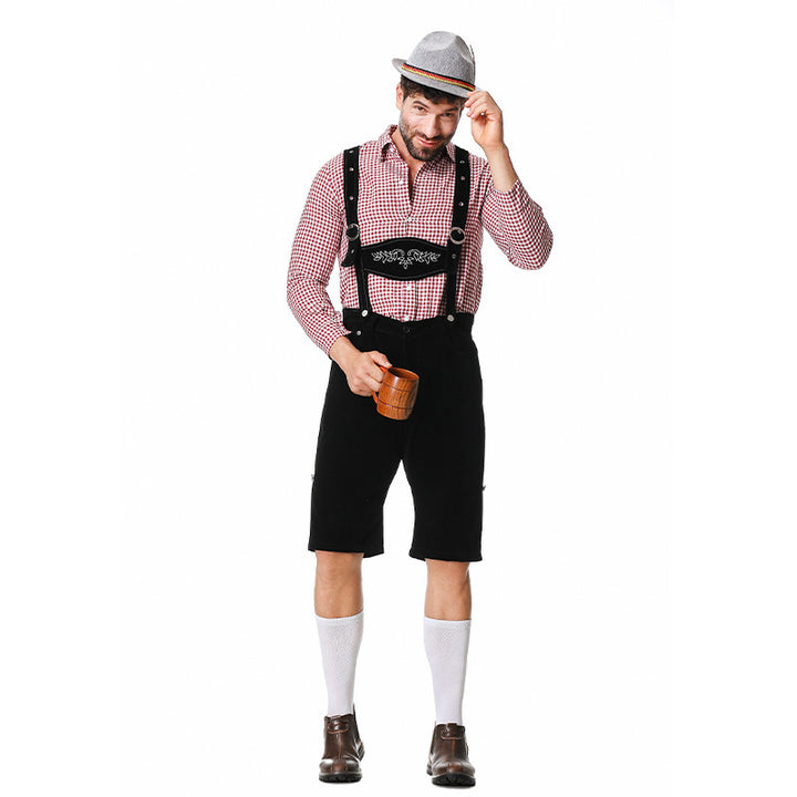 Herren nan authentische Trachten-Kniebundhose aus wildlederähnlichem Material mit verstellbaren Trägern und besticktem Brustlatz Drune