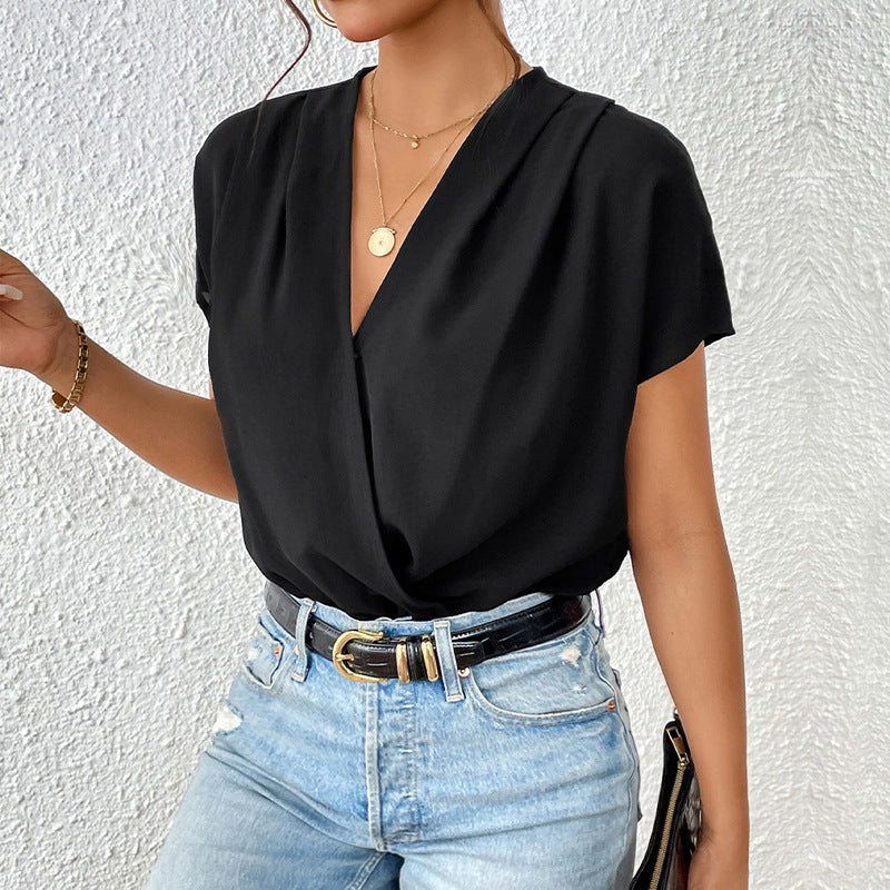 Damen Body mit eleganter Wickeloptik und kurzen Ärmeln Drune
