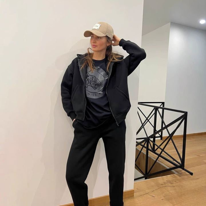 Damen lässiges Fleece-Zweiteiler mit Oversize-Kapuzenjacke und tapered Joggerhose Drune