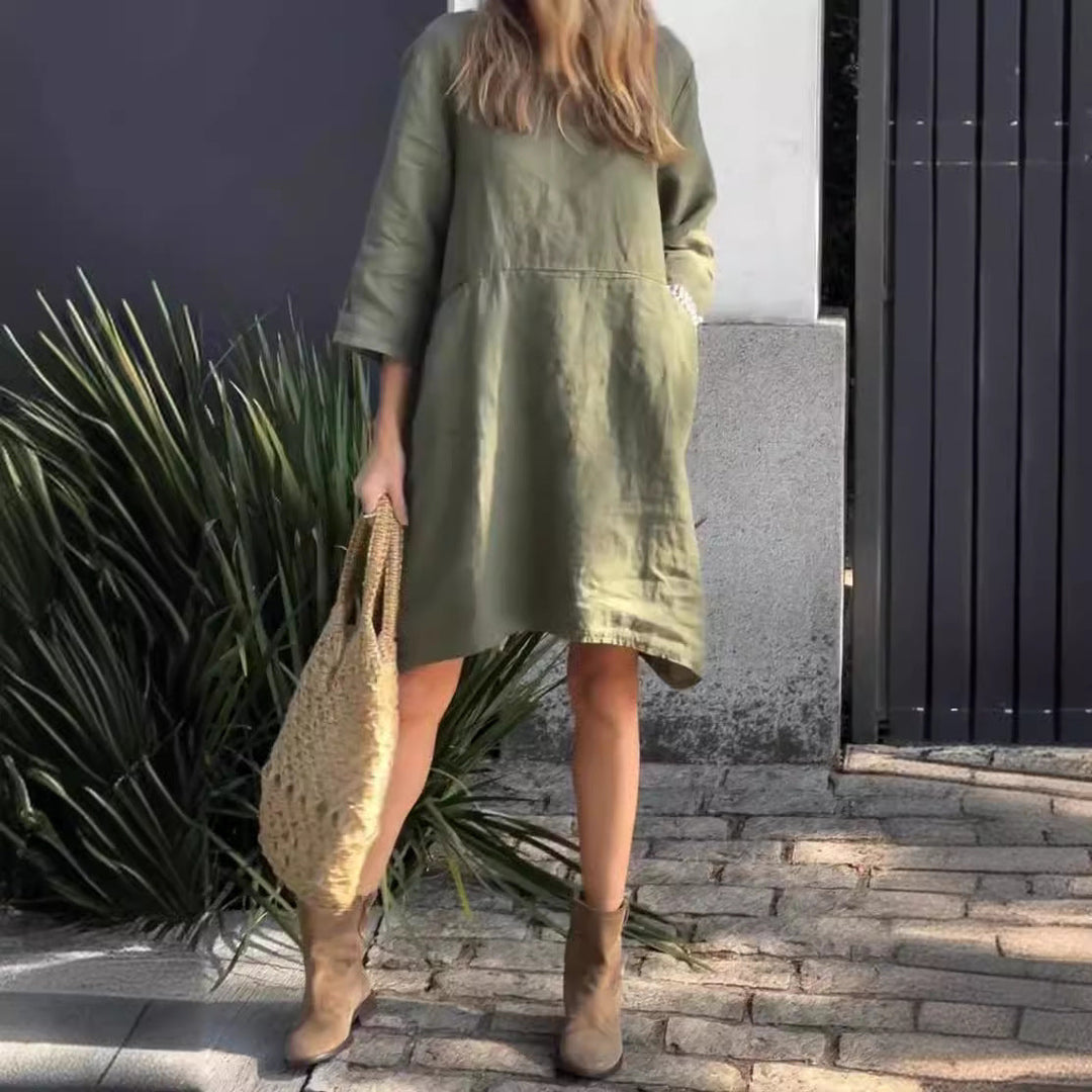Damen lässiges Leinenkleid mit praktischen Taschen und asymmetrischem Saum Drune