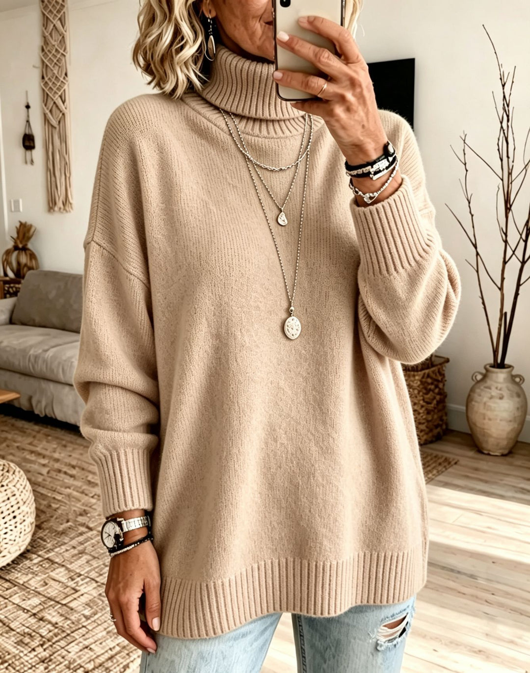Damen Oversize Rollkragenpullover aus Feinstrick mit gerippten Bündchen und überschnittener Schulter Drune