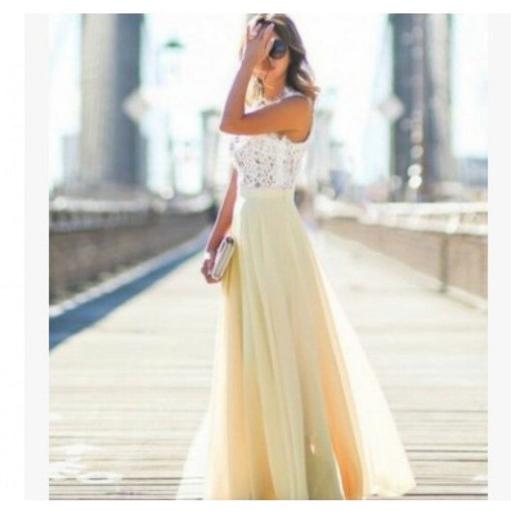 Damen Maxikleid mit floralem Spitzenoberteil und fließendem Rock Drune