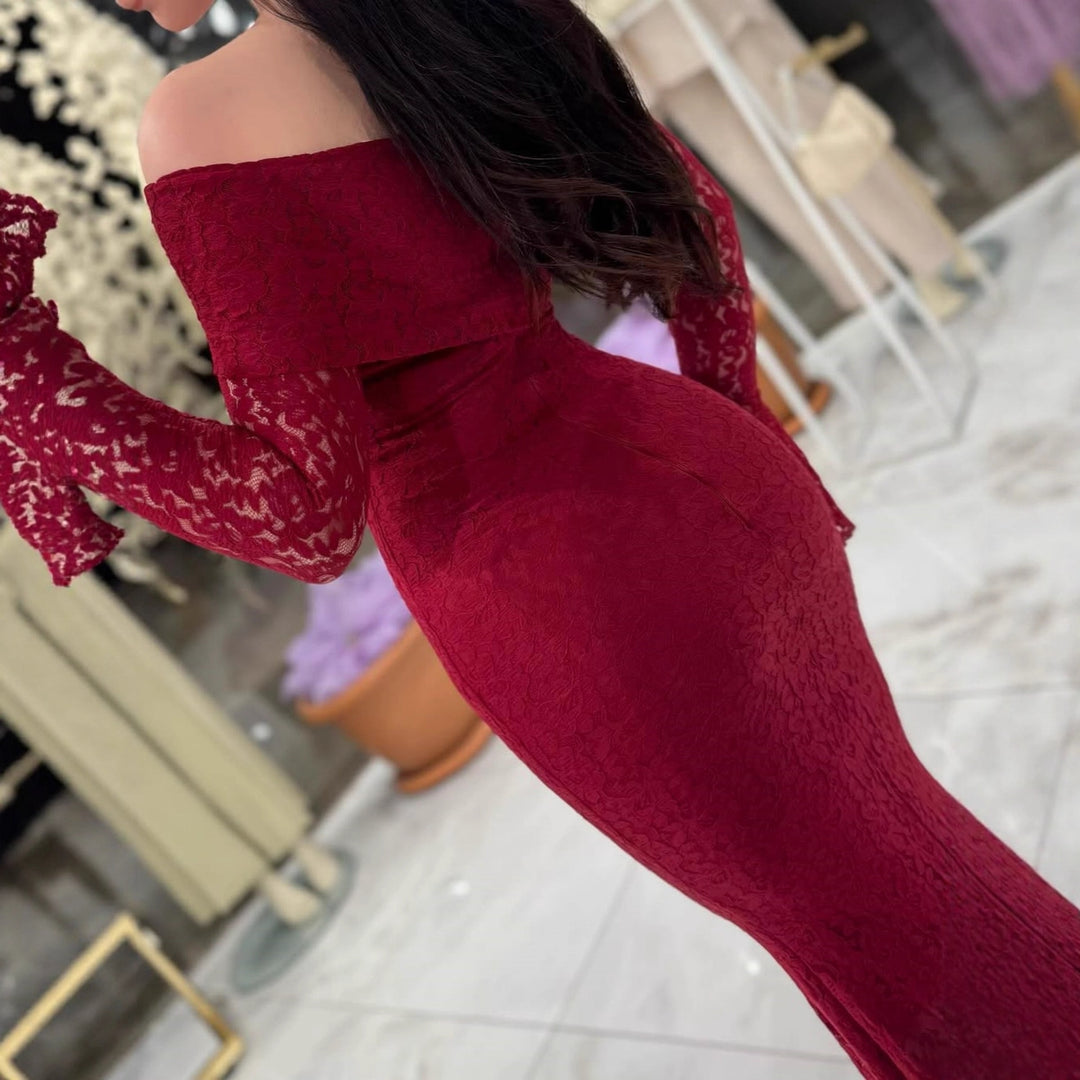 Damen Elegantes Spitzenkleid mit Off-Shoulder Design und Schößchen Drune