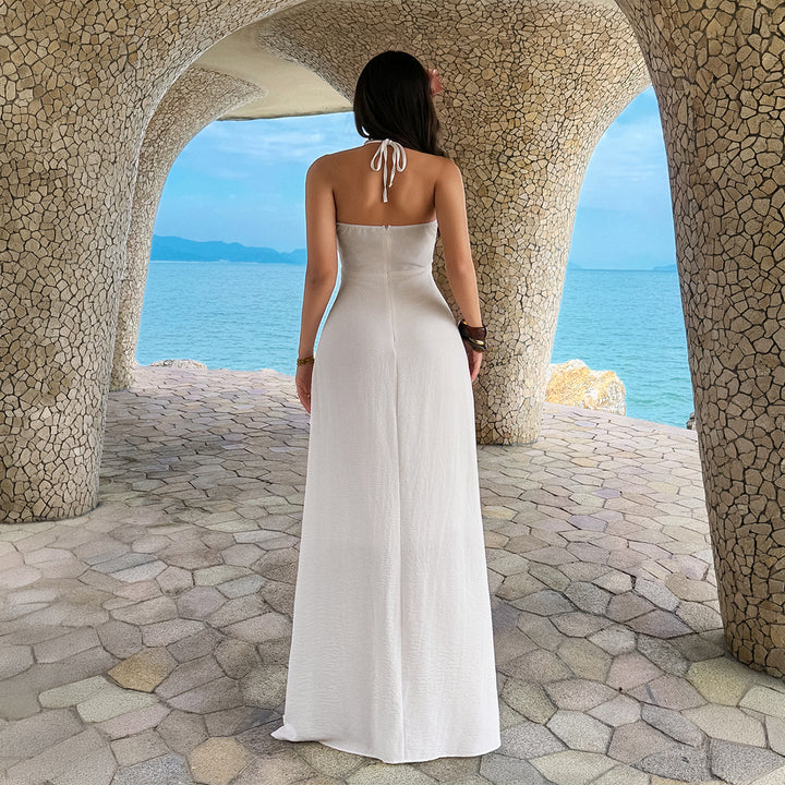 Damen Maxi-Urlaubs- und Strandkleid mit tiefem V-Ausschnitt und Rückenlöcher Drune