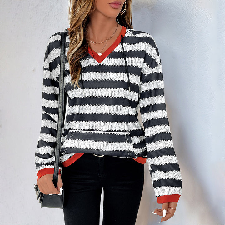Damen Baumwoll-Pullover mit modischem V-Ausschnitt und gestreiftem Design Drune
