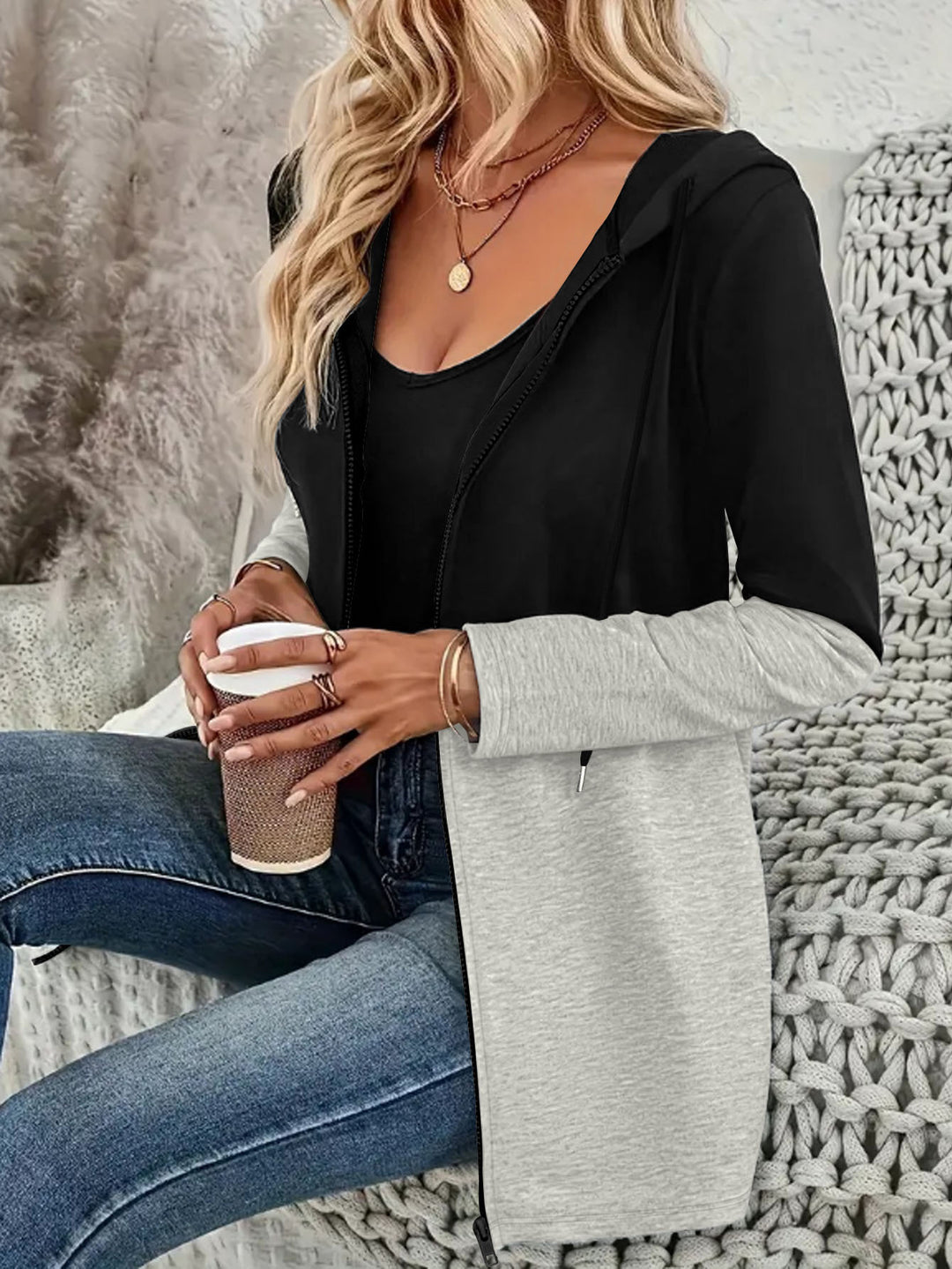 Damen Longline Kapuzen‑Sweatjacke mit Farbblock, Reißverschluss und Eingrifftaschen Drune