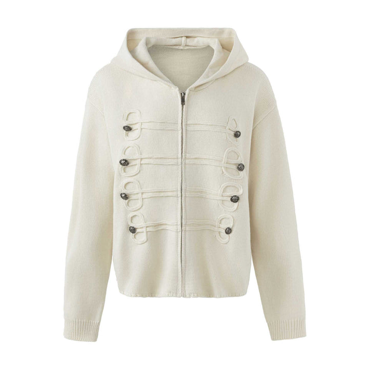 Damen Kapuzen-Strickjacke mit militärischen Zierknöpfen und Reißverschluss Drune