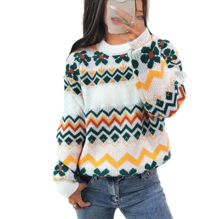 Damen Grobstrickpullover mit buntem geometrischen Muster Drune