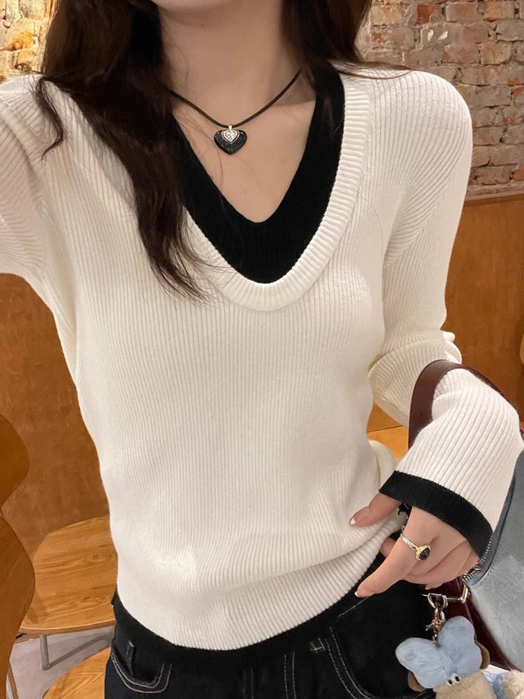 Damen V-Ausschnitt Feinstrickpullover mit Kontrastbündchen Drune