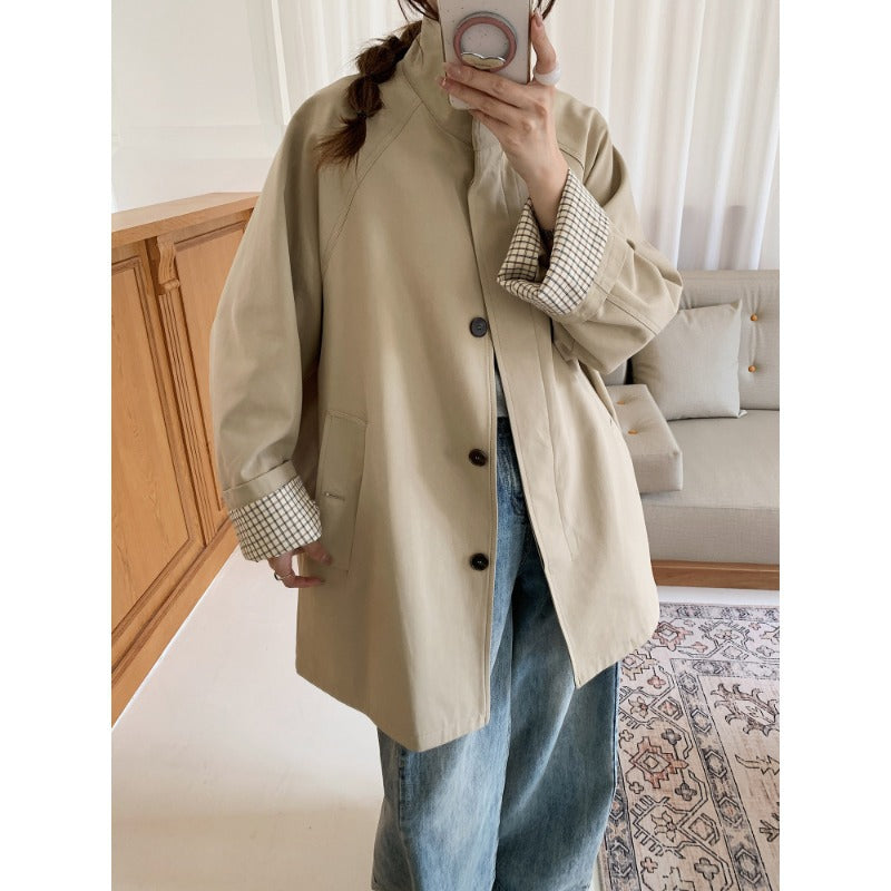 Damen Oversize-Mantel mit Stehkragen und kariertem Ärmelsaum Drune
