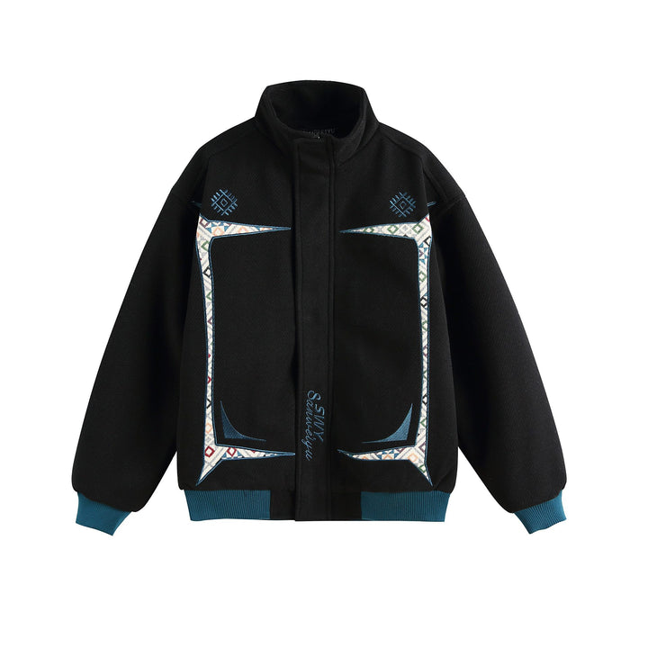 Damen Leichte Stehkragen-Jacke mit folkloren Stickapplikationen und gerippten Bündchen Drune