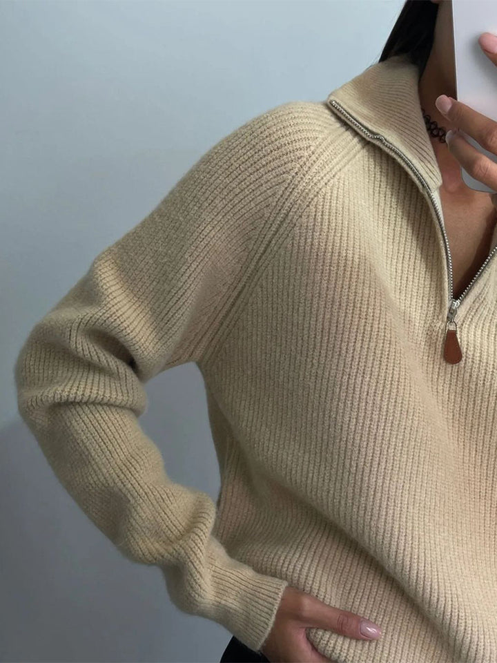 Damen Gerippter Wollmix-Pullover mit halbem Reißverschluss und weitem Stehkragen Drune