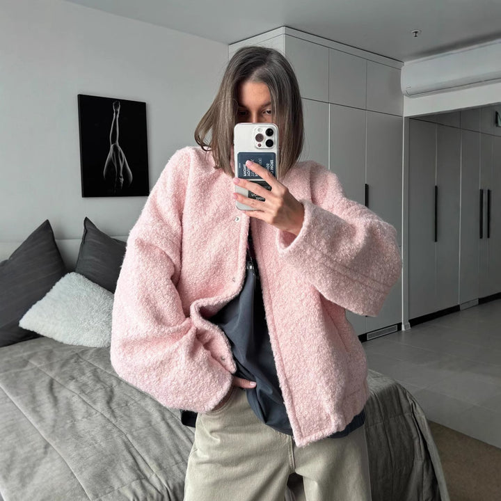 Damen Teddyjacke im Bouclé‑Look mit Rundhals, Oversized‑Passform und Eingrifftaschen Drune