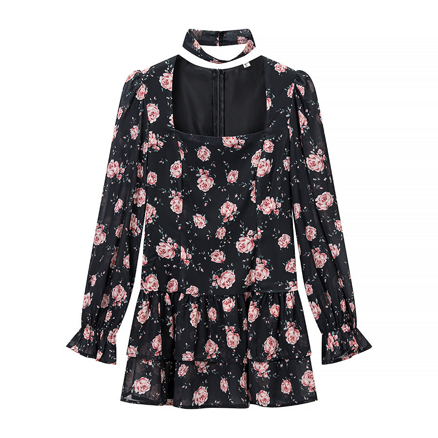 Damen Zweiteiliges Chiffon-Set – taillierte Volantbluse mit quadratischem Ausschnitt, Choker und gestuftem Wickel‑Maxirock Drune