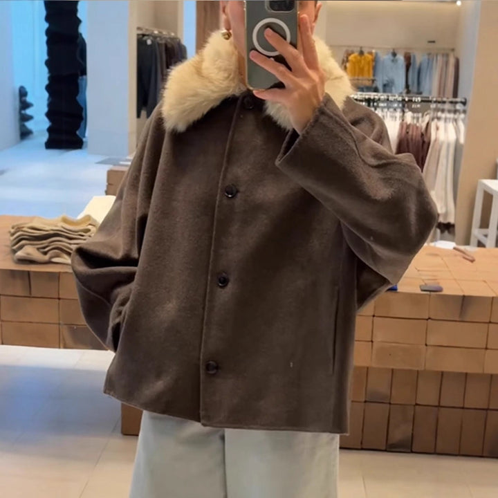 Damen Boxy-Cropped Wollmix-Jacke mit weichem Kunstpelz‑Schalkragen Drune