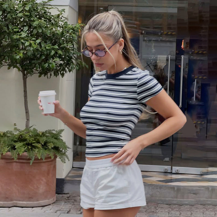 Damen figurbetontes gestreiftes T-Shirt mit Rundhalsausschnitt Drune