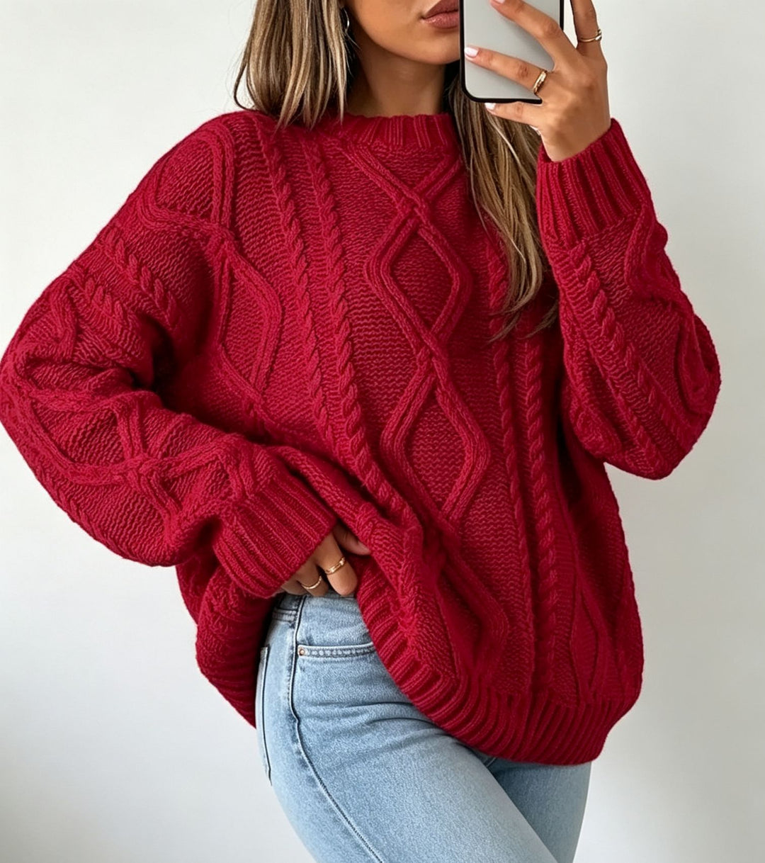 Damen Oversize Flechtstrick-Pullover mit Zopfmuster und Rundhals Drune