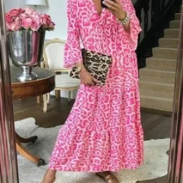 Damen Maxikleid mit tierischem Muster und voluminösen Ärmeln Drune