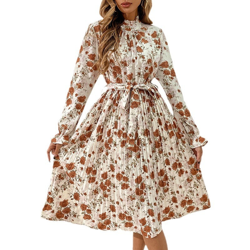 Damen Blumiges Midi-Kleid mit Gürtel und Rüschendetails Drune
