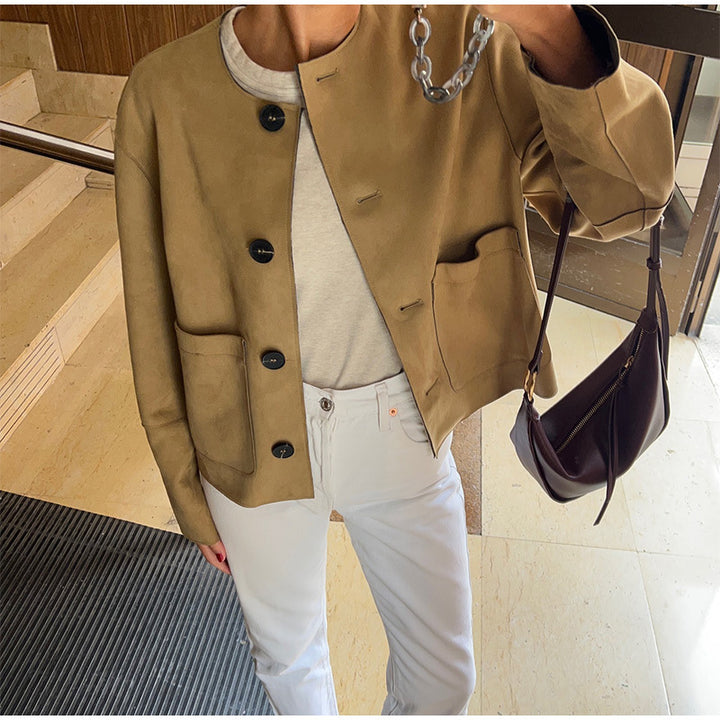 Damen elegante Wildlederjacke mit Knopfleiste Drune