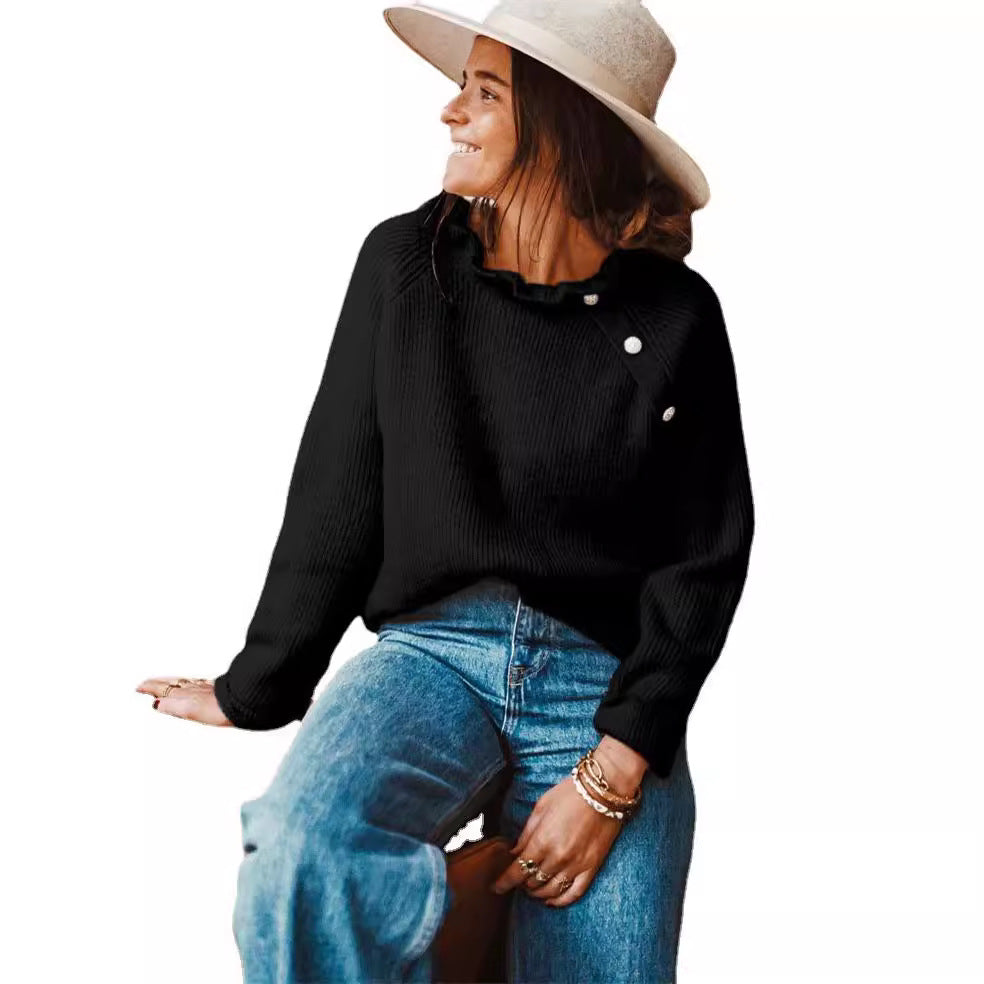 Damen Rippstrickpullover mit Rüschenkragen und seitlicher Knopfleiste Drune