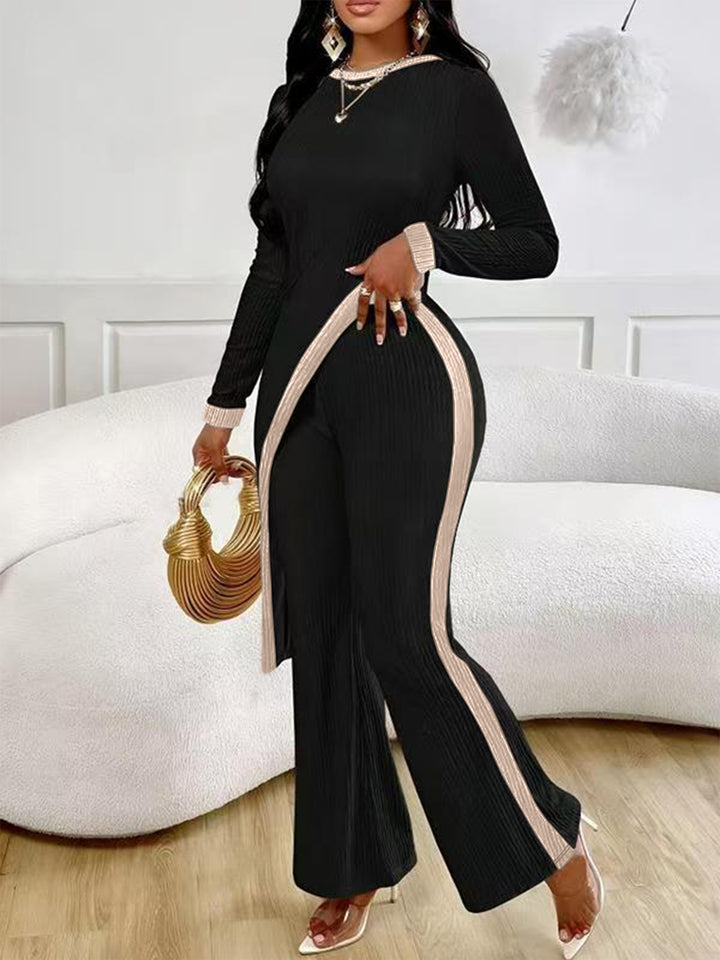 Damen nan eleganter Rippen-Jumpsuit mit asymmetrischer Wickeloptik, taillierendem Cut-Out und kontrastierenden Seitenstreifen Drune