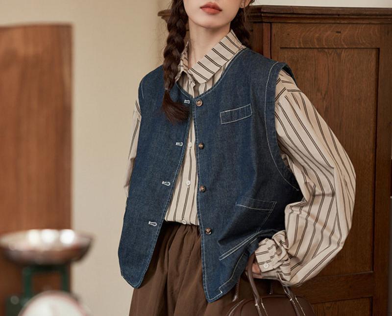 Damen Denim-Weste mit Knopfverschluss und Taschen Drune