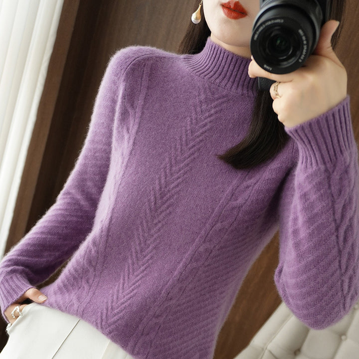 Damen Leichter Mohair‑Look Stehkragenpullover mit Zopf‑Ajour und taillierter Silhouette Drune