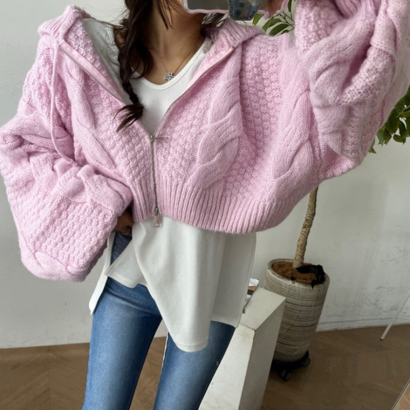 Damen cropped Strickjacke mit Zipper und strukturiertem Zopfdesign Drune