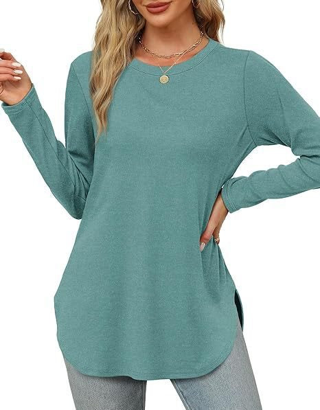 Damen Lässiges Longsleeve-Tunikaoberteil mit Rundhalsausschnitt, Seitenschlitzen und Aquarell-Blattprint Drune