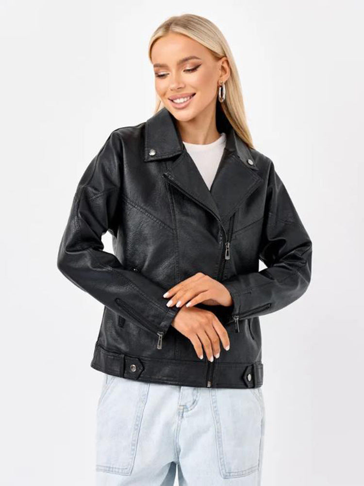 Damen hochwertige Kunstlederjacke im Biker-Stil mit asymmetrischem Reißverschluss Drune