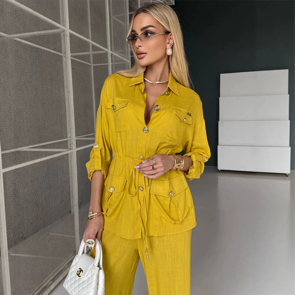 Damen Leinenoptik Utility-Hemdjacke mit Tunnelzugtaillierung und goldenen Zierknöpfen Drune