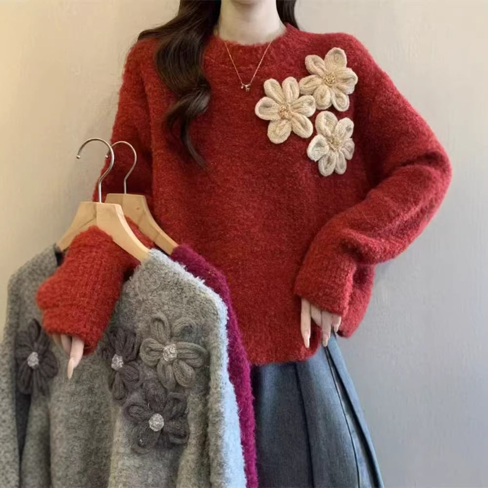 Damen Kuscheliger Pullover mit floralem 3D-Design Drune