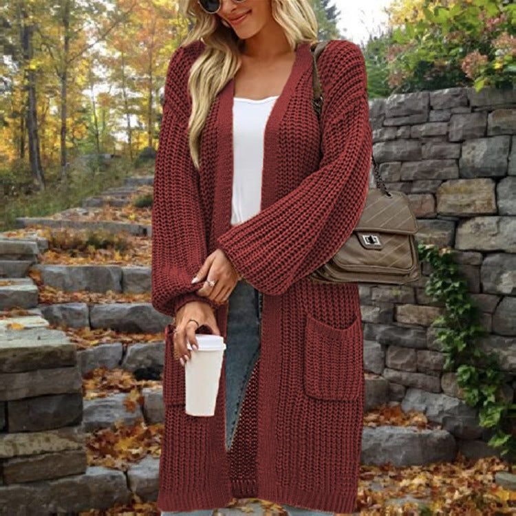 Damen modische Strickjacke mit weit geschnittenen Ärmeln und praktischen Taschen Drune