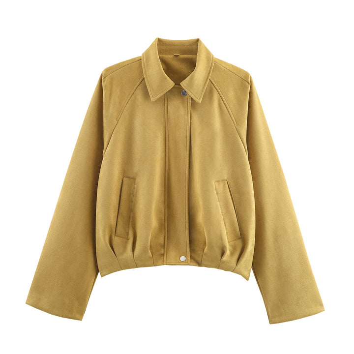 Damen Cropped Boxy Jacke in Velourslederoptik mit Hemdkragen Drune