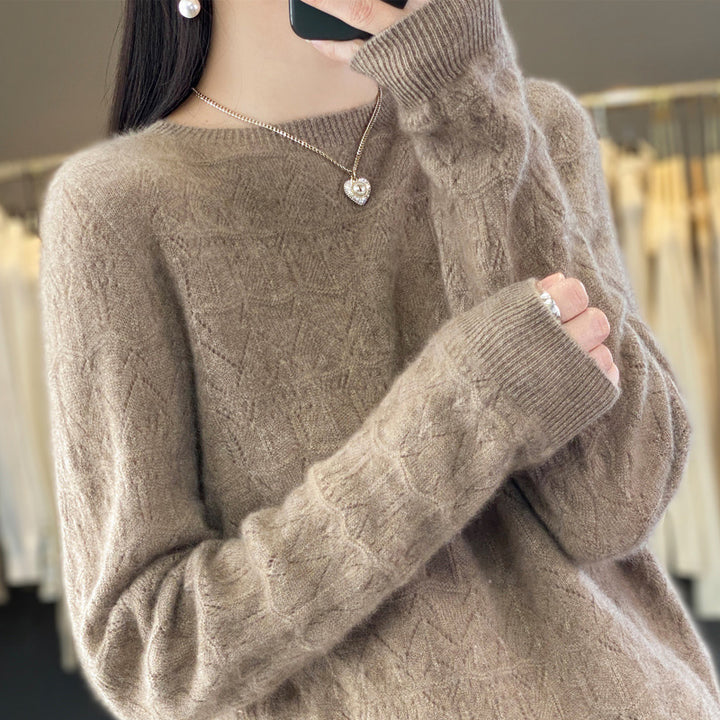Damen Rundhals-Feinstrickpullover mit strukturierter Passe und Kaschmir-Optik Drune