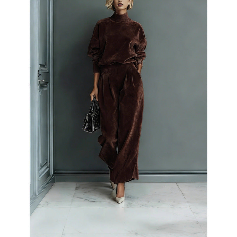 Damen Zweiteiliges Samt-Loungewear-Set mit Stehkragen und Plissee-Palazzohose Drune