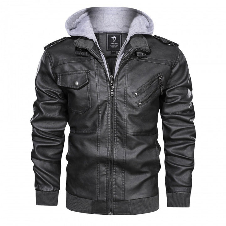 Herren Lederoptik-Kapuzenblouson mit abnehmbarer Sweatkapuze, Rippbündchen und mehrfachen Reißverschlusstaschen Drune