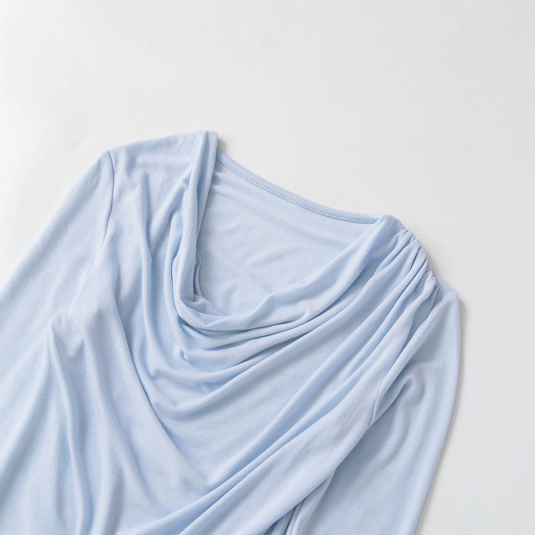 Damen Wasserfallkragen Langarmshirt mit Drapierung und taillierter Wickeloptik Drune