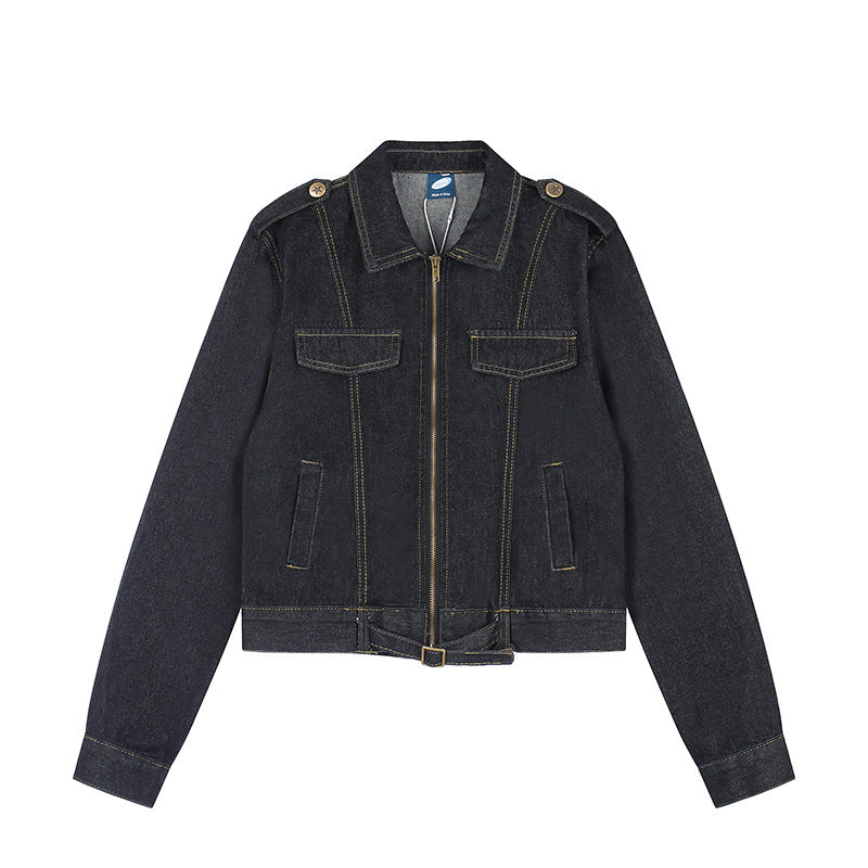 Damen Kurz geschnittene Jeansjacke mit Schulterklappen, Reißverschluss und Taillengürtel Drune