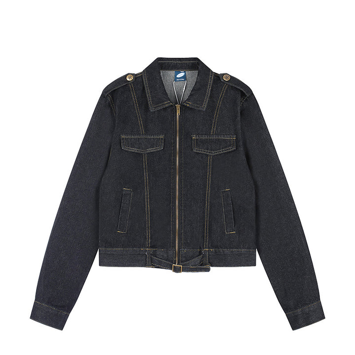 Damen Kurz geschnittene Jeansjacke mit Schulterklappen, Reißverschluss und Taillengürtel Drune