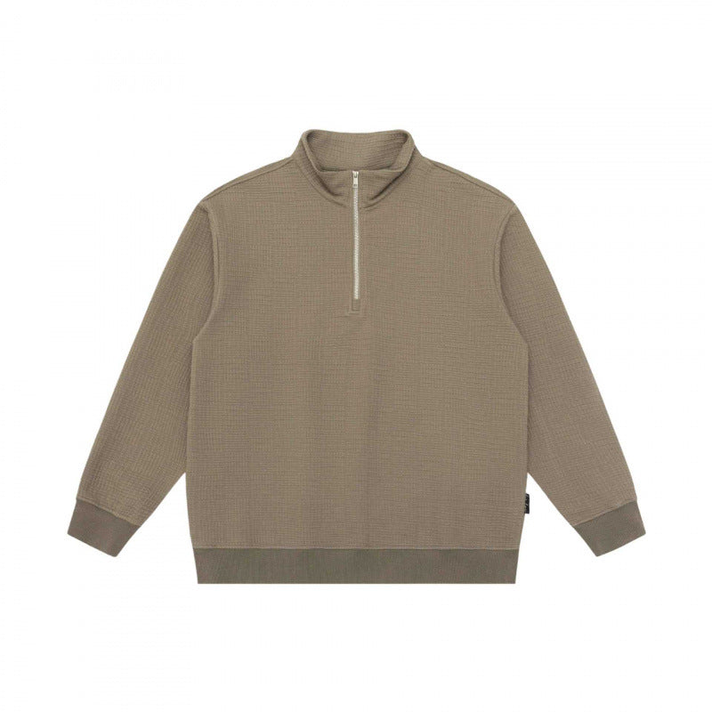 Unisex Oversize Waffelstruktur Halbzip-Pullover mit Stehkragen Drune