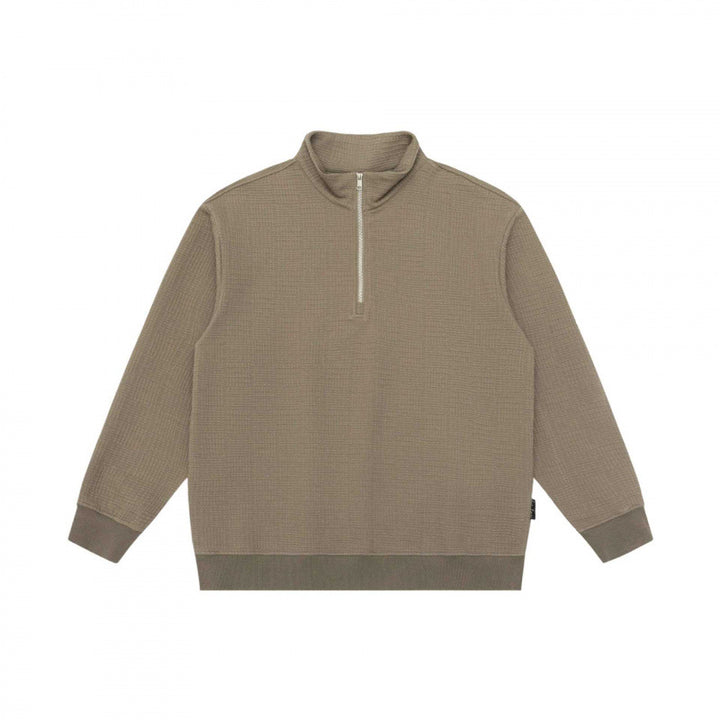 Unisex Oversize Waffelstruktur Halbzip-Pullover mit Stehkragen Drune