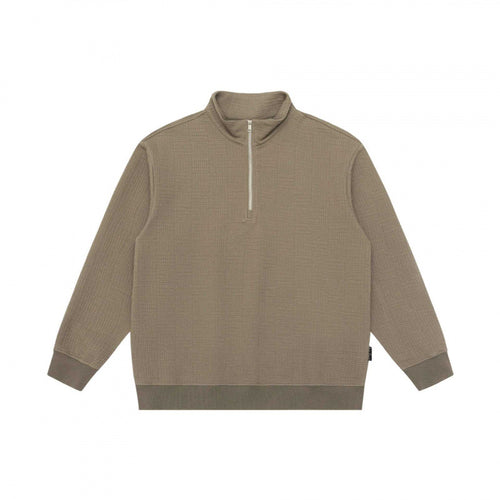 Unisex Oversize Waffelstruktur Halbzip-Pullover mit Stehkragen Drune
