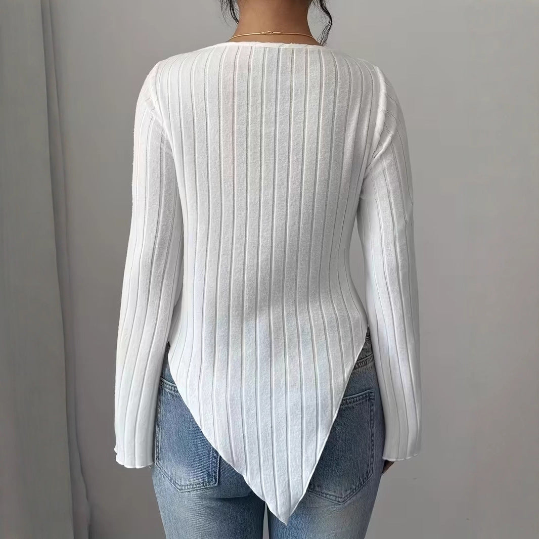Damen Asymmetrischer Gerippter Feinstrickpullover mit V-Ausschnitt Drune