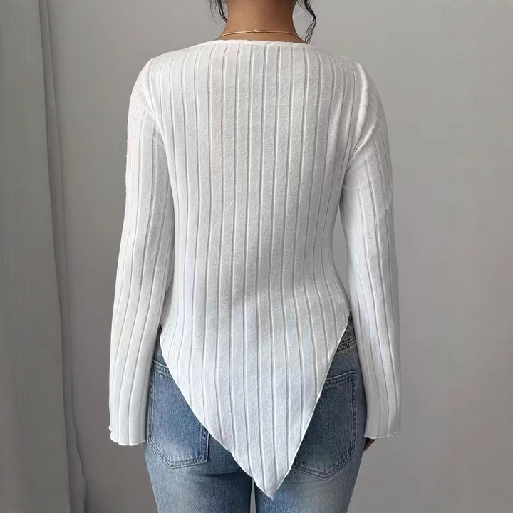 Damen Asymmetrischer Gerippter Feinstrickpullover mit V-Ausschnitt Drune